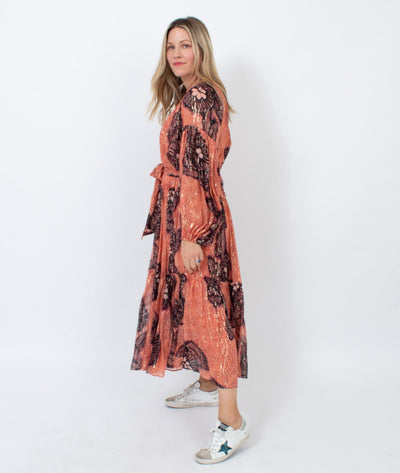 Ulla Johnson Clothing Medium | US 6 Printed Puff Sleeve Metallic Maxi Dress with Waist Tie