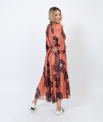 Ulla Johnson Clothing Medium | US 6 Printed Puff Sleeve Metallic Maxi Dress with Waist Tie