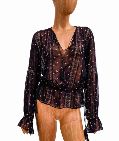 Ulla Johnson Clothing Medium | US 6 Rose Print Blouse with Ties