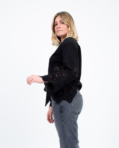 Ulla Johnson Clothing Medium | US 8 Black Silk Long Sleeve Eyelet Blouse